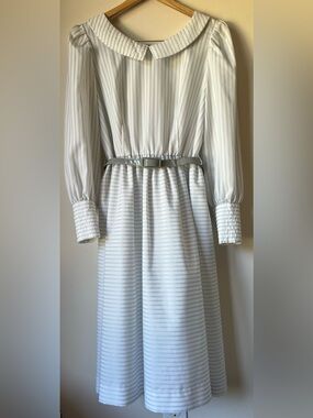 Vintage Sunshine Alley Midi Dress White/Gray Long Sleeves Flat Point Collar S 16